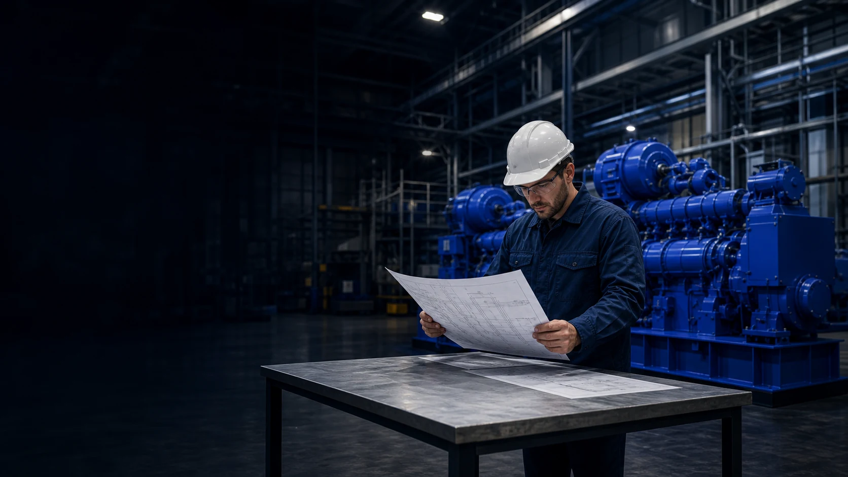 Power systems engineer reviewing technical drawings beside blue generator equipment