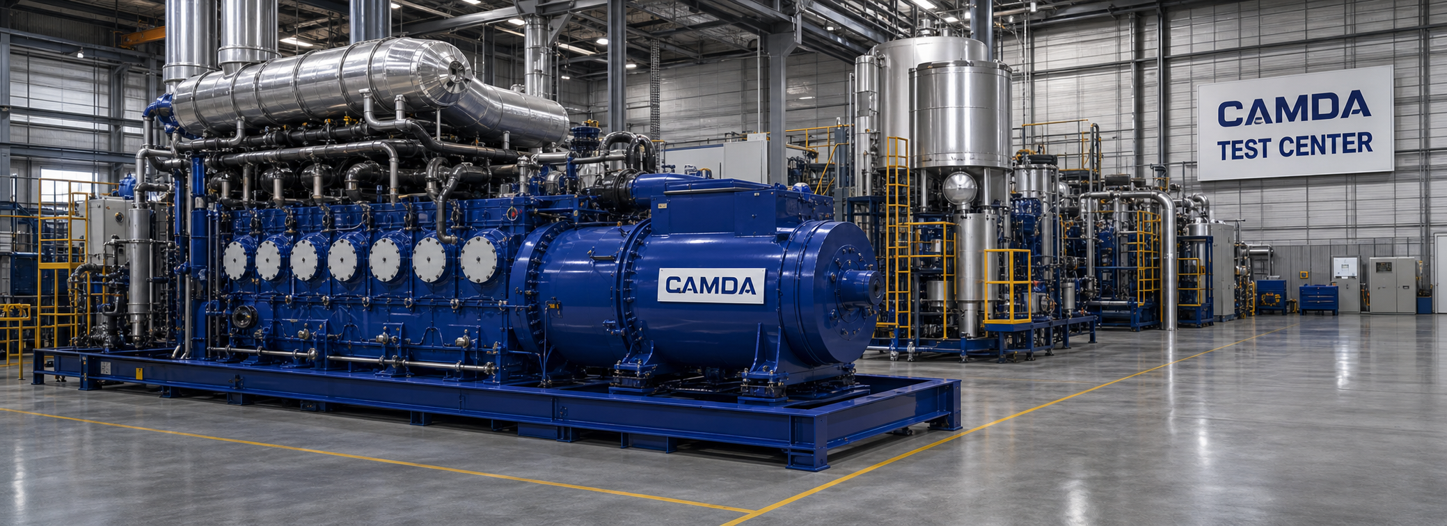 CAMDA test center with a blue generator system on the factory floor