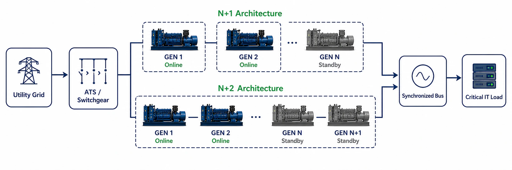 N plus one and N plus two data center backup power architectures, from utility grid and switchgear through generator groups to a synchronized bus and critical IT load